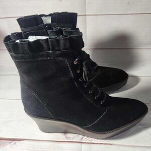 Stuart Weitzman - Black Suede Lace Up Wedge Ankle Boots Ruffle Trim - Women's 8M